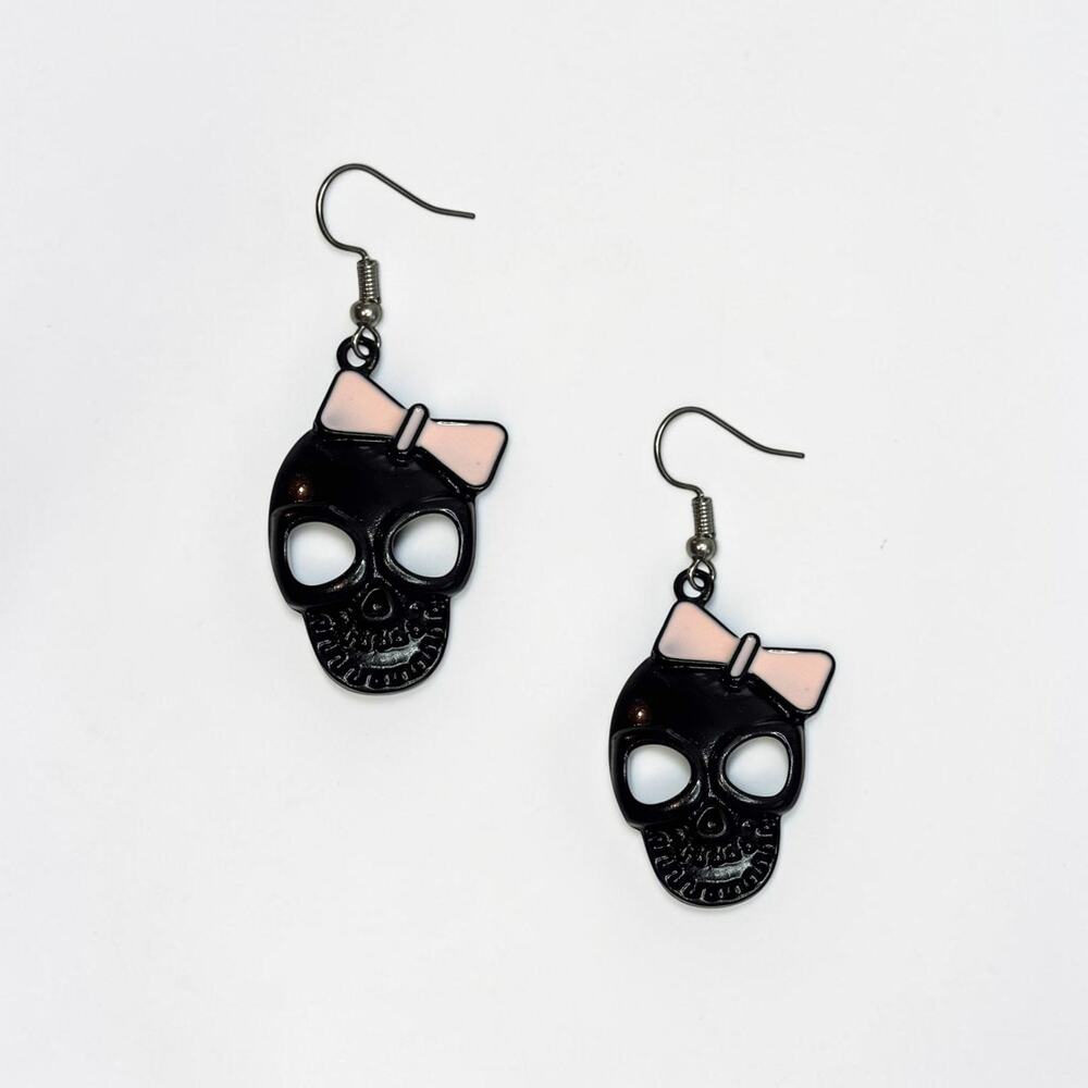 Cute & Spooky Black Skull Earring with Bow
